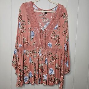 Torrid 3 V-Neck Top Coral Floral Crochet Trimmed Tie Front Top